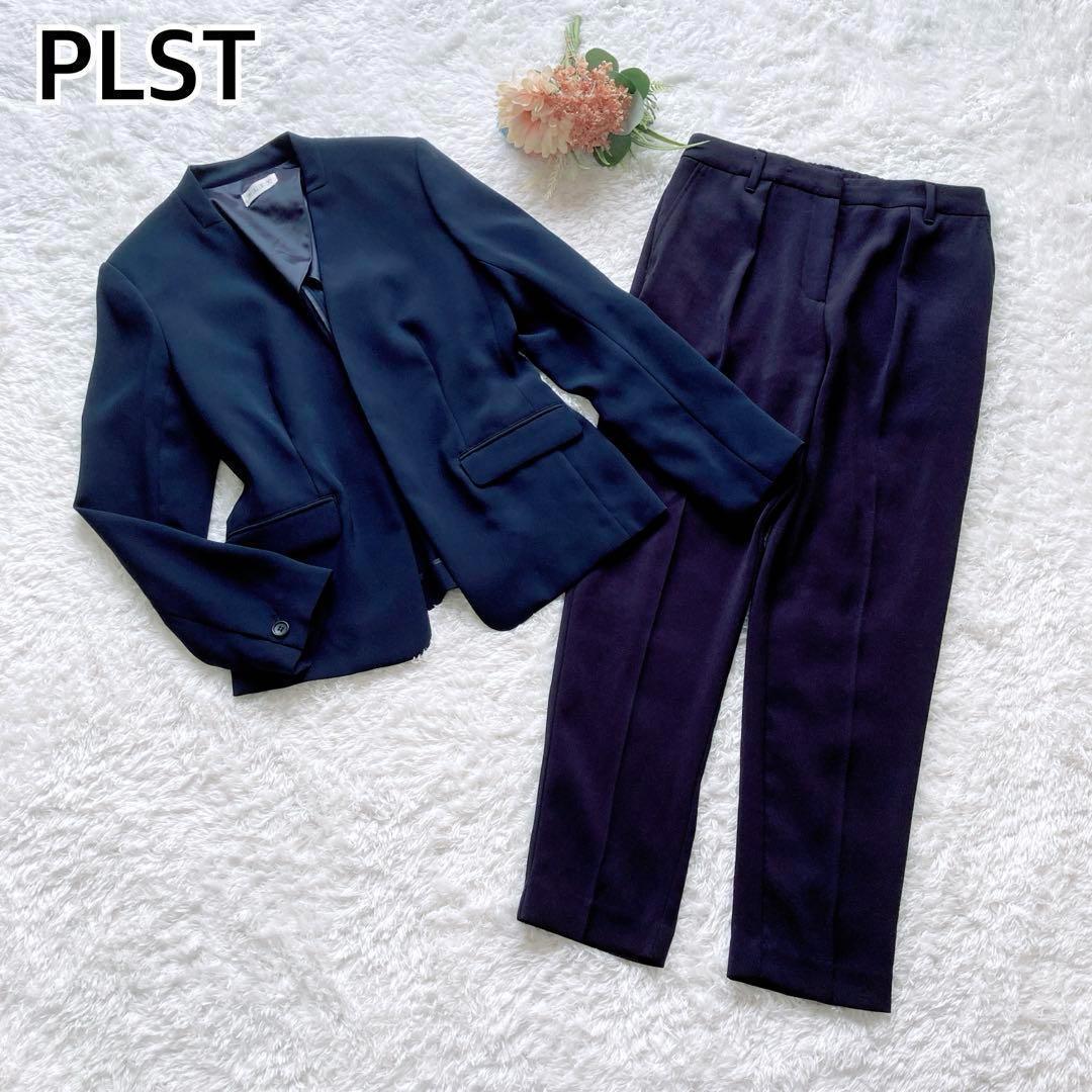 美品✨プラステ　パンツスーツ　ノーカラー　ネイビー　とろみ　手洗い可 Ｌ　大きめ