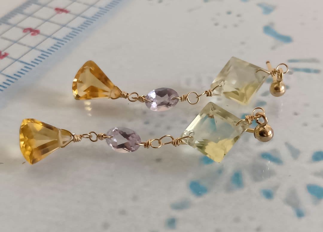 470 14kgf宝石質ブランデーシトリンPアメ◆レモンQのポストピアス他