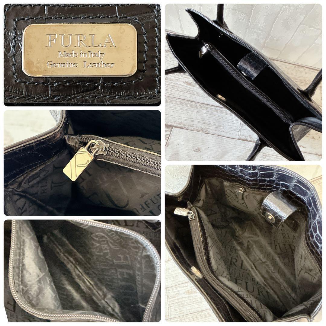 美品✨フルラ FURLA トートバッグ ビジネス 肩掛け クロコ型押し 黒