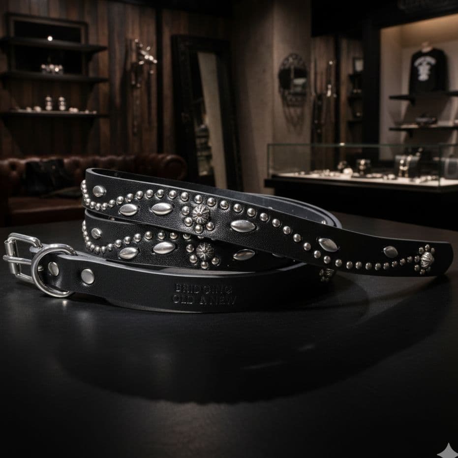 フラワー銀■本革レザーフルスタッズナローベルト☆アメカジ古着ヴィンテージキムタク