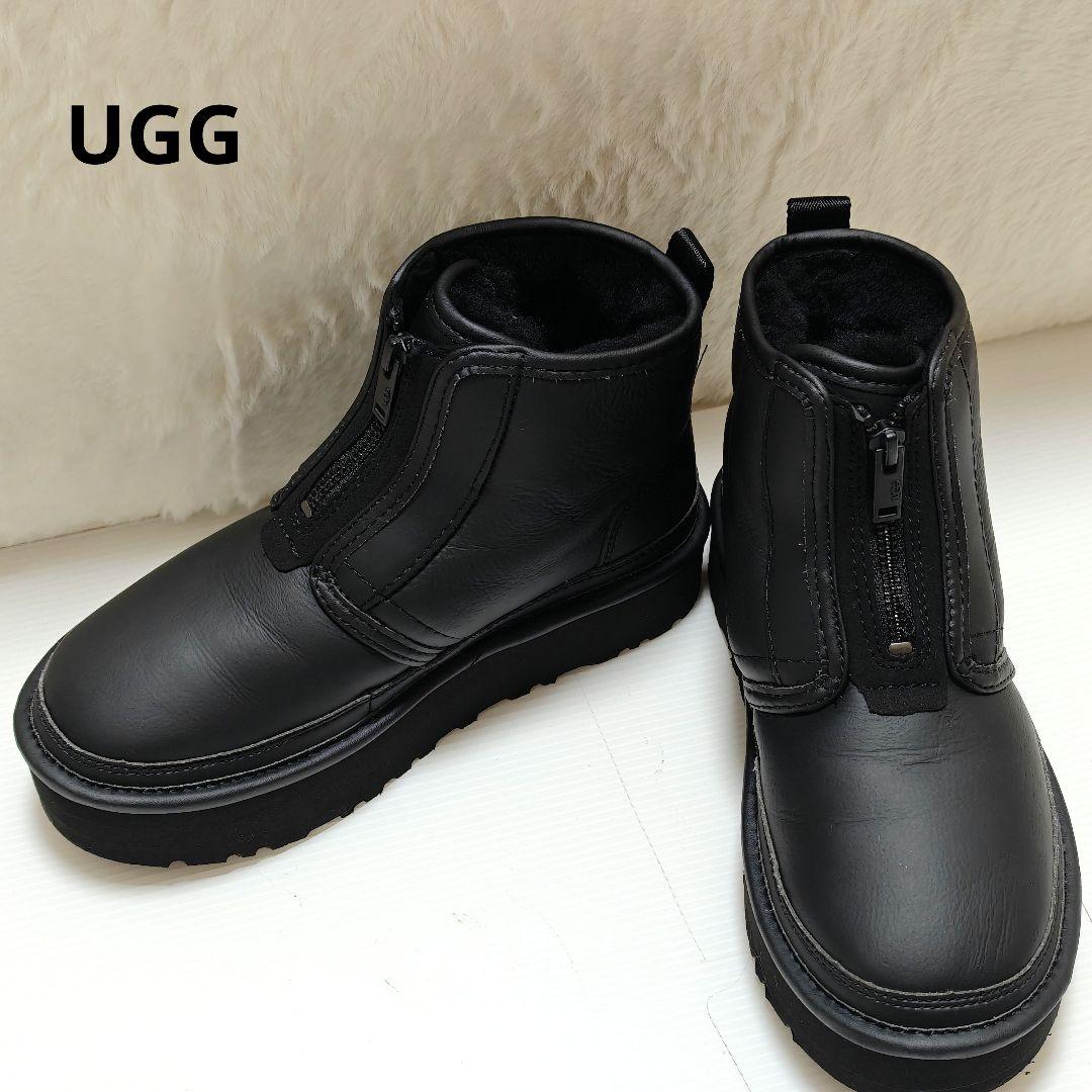 未使用級✨アグ　オールブラック　ムートンブーツ　厚底　フロントジップ 23cm