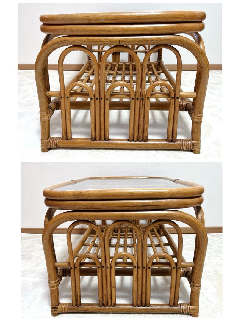 美品 ヴィンテージ ラタンテーブル 籐 コーヒーテーブル センターテーブル 棚付