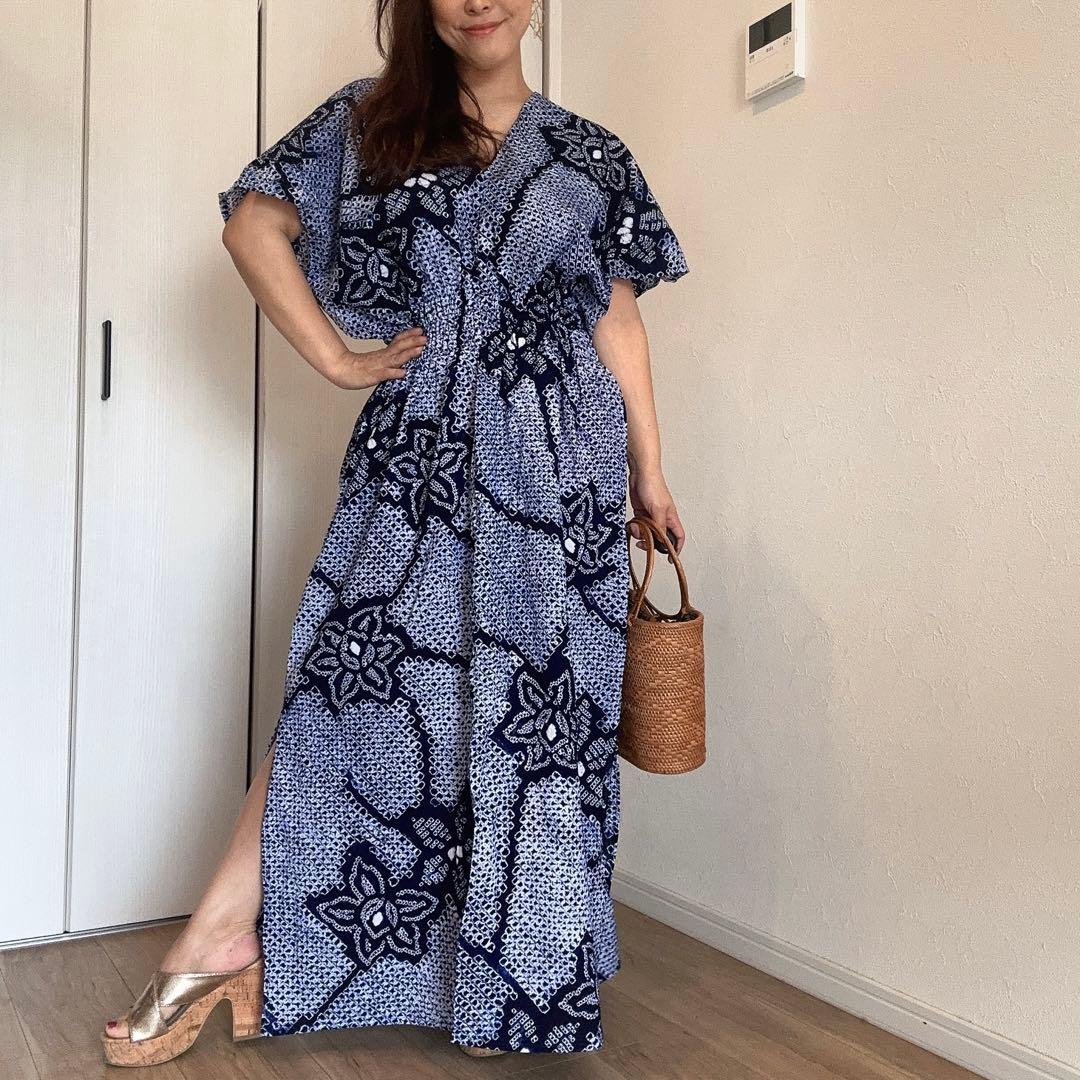 一点物　浴衣　有松絞り　ワンピース ハンドメイド　マキシ　シンプル　単色