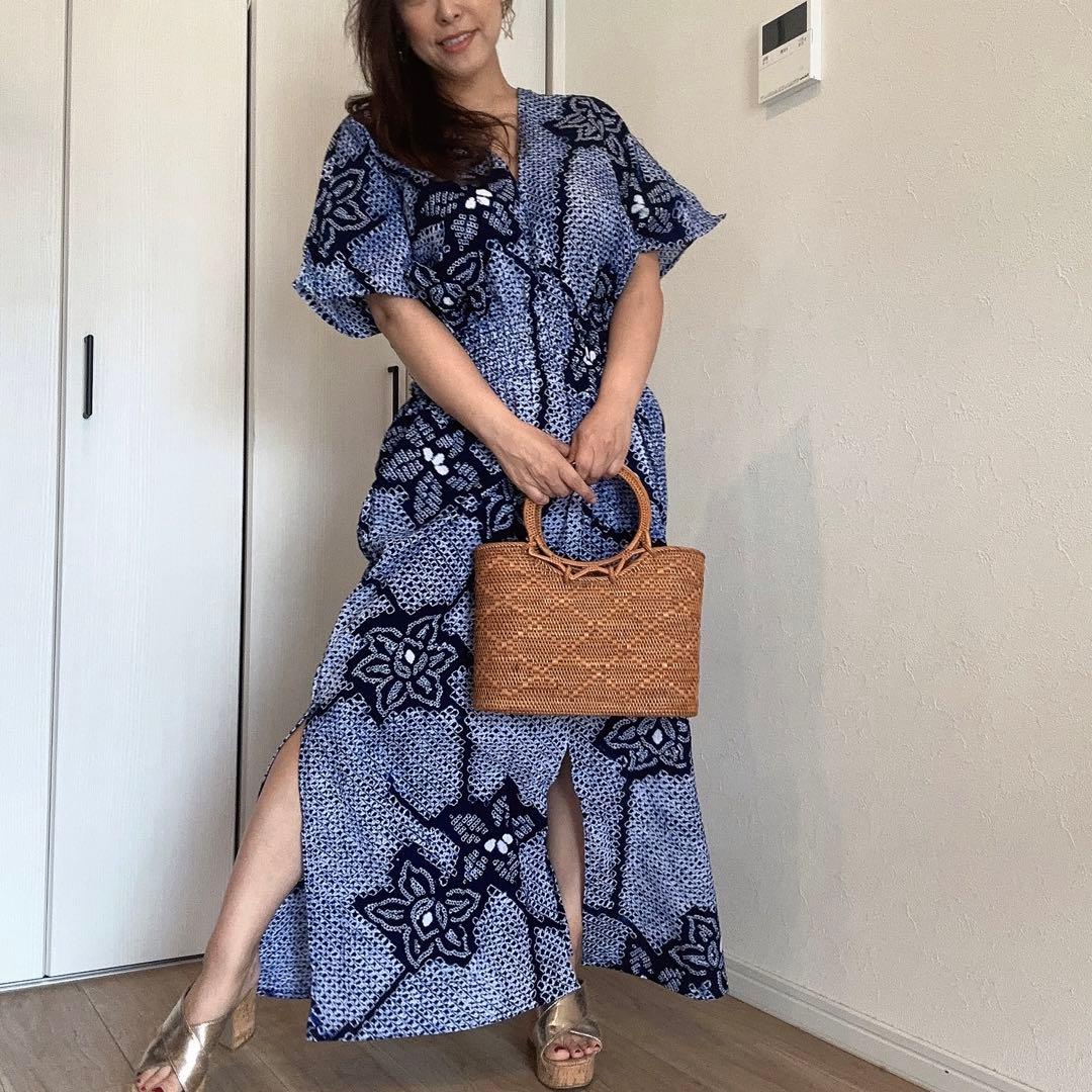 一点物　浴衣　有松絞り　ワンピース ハンドメイド　マキシ　シンプル　単色