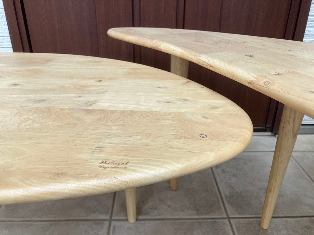 【美品】天然木ラバーウッド ◉曲線が美しいローテーブル◉2点セット