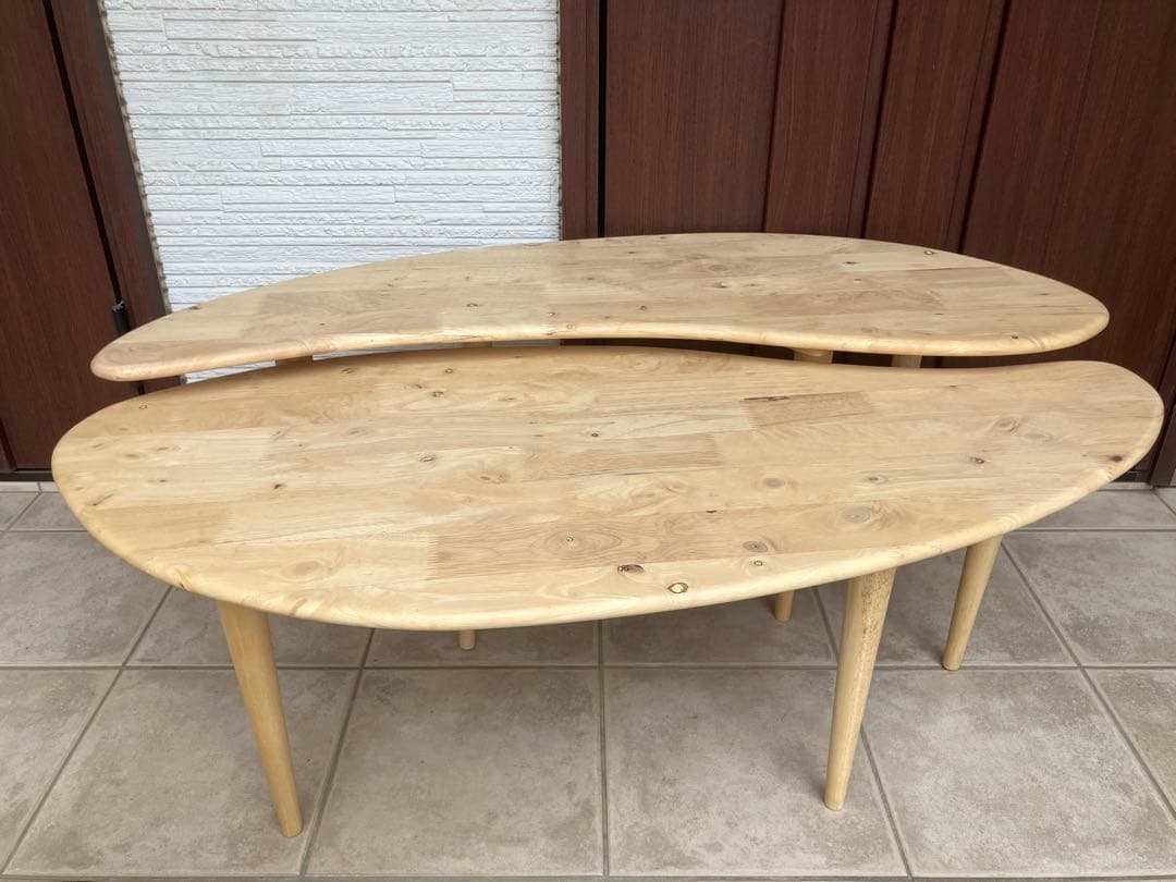 【美品】天然木ラバーウッド ◉曲線が美しいローテーブル◉2点セット