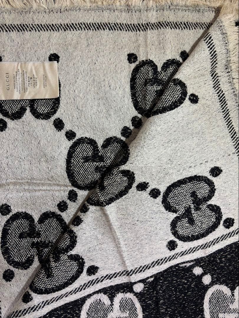 GUCCI グッチ GG柄 大判ストール ショール ブラック×アイボリー ウール
