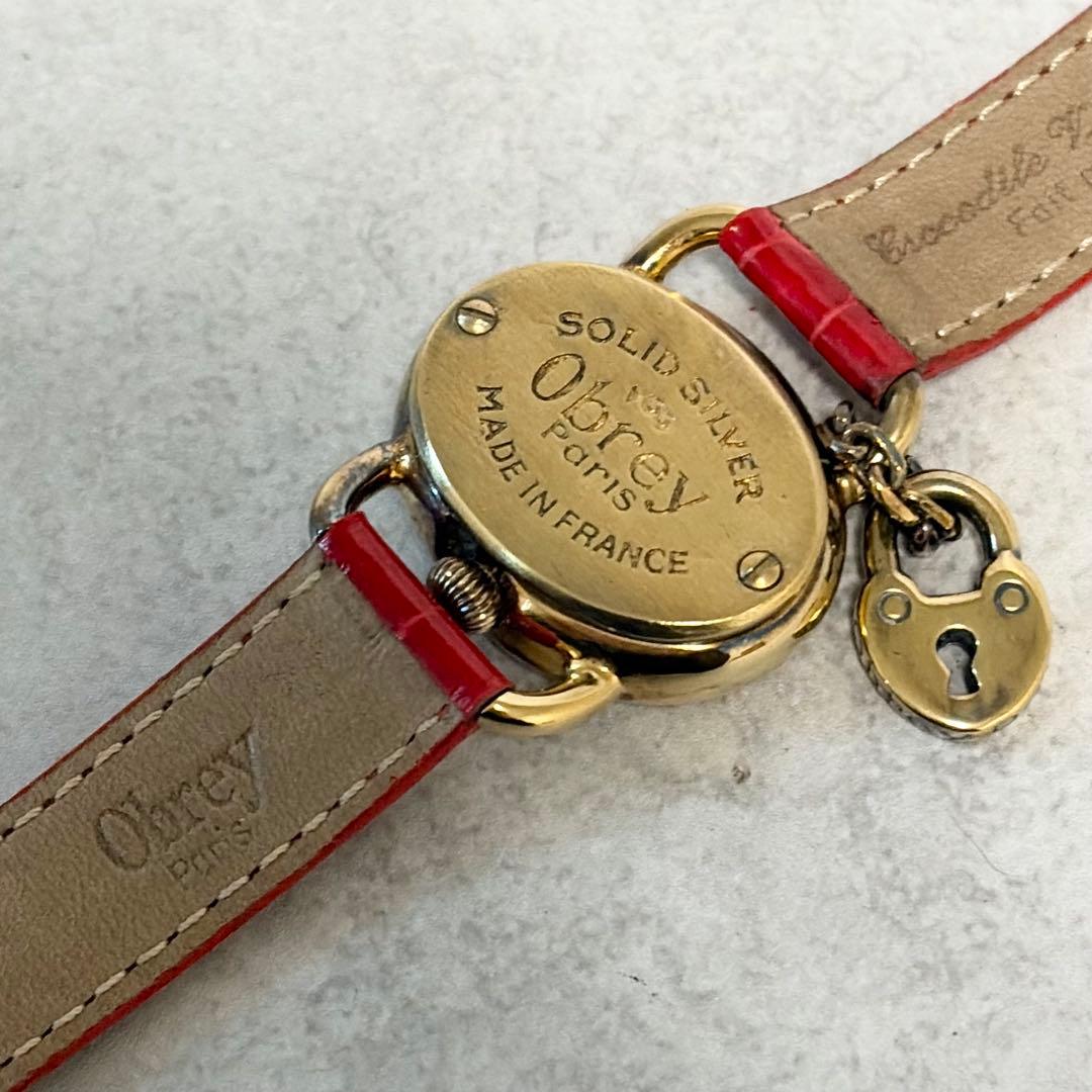 【美品✨新品電池】Obrey 腕時計　銀無垢　純正クロコダイルベルト 替ベルト付