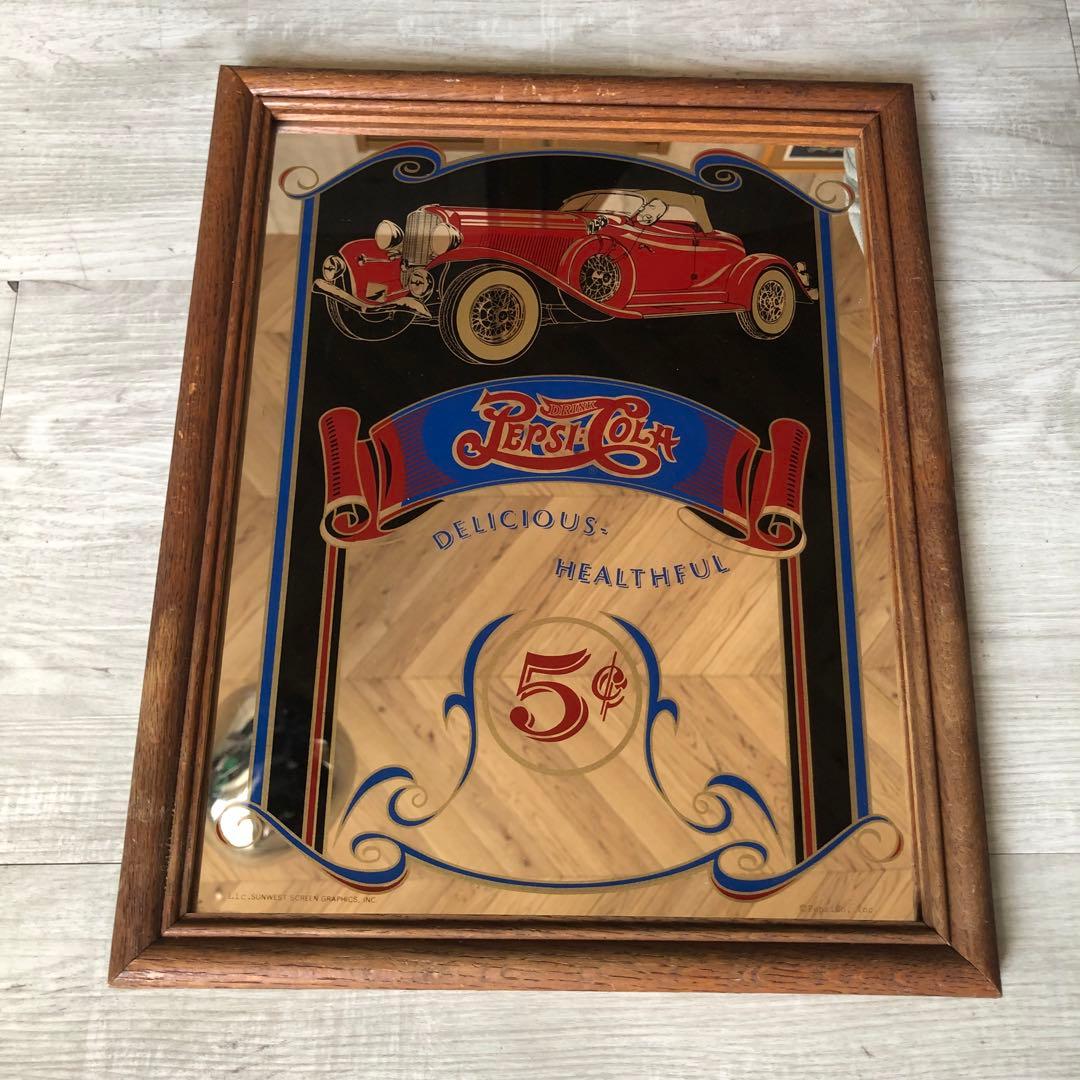 アメリカUSAビンテージペプシコーラ木枠フレームパブミラーバーサイン鏡40cm