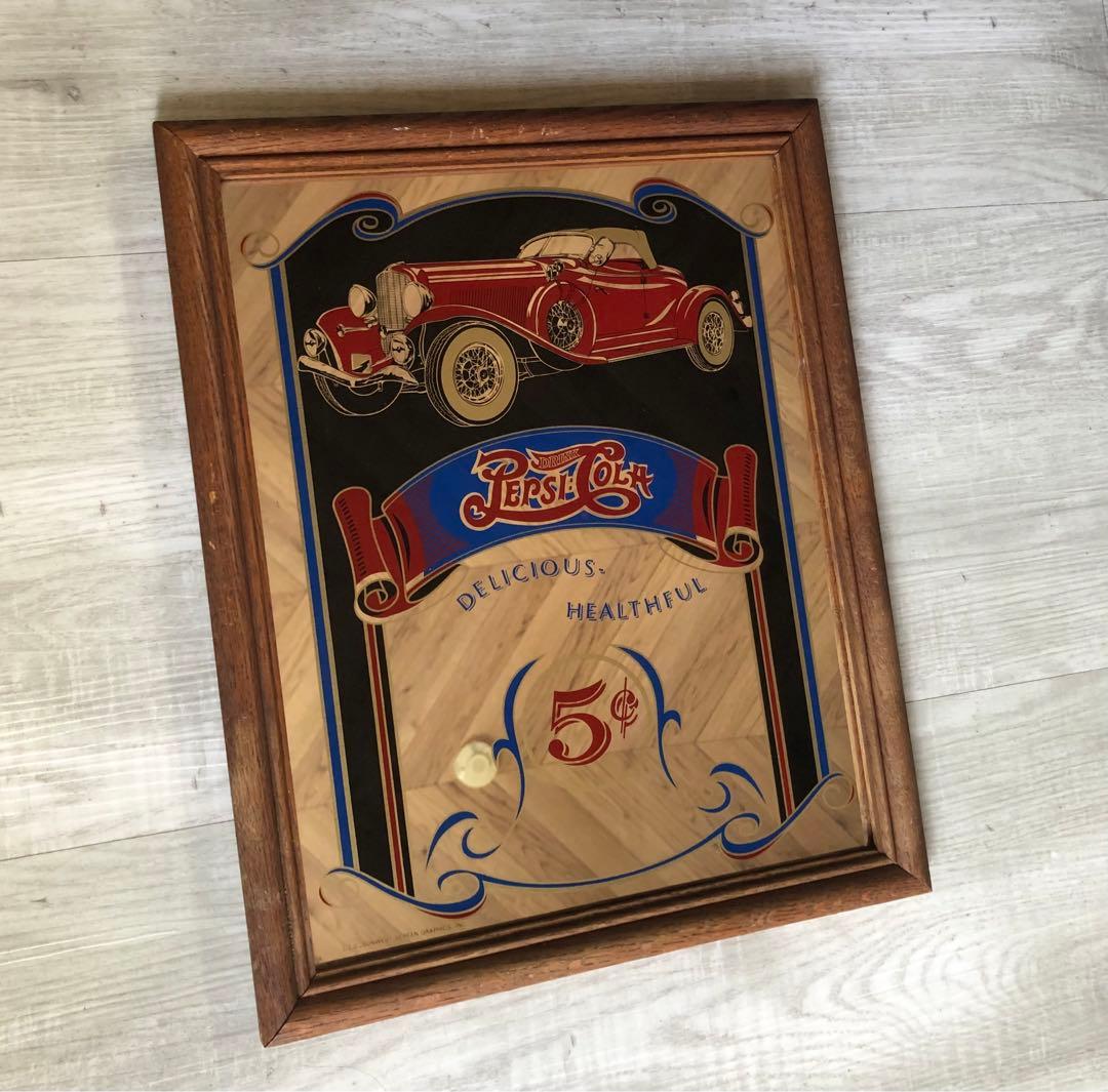 アメリカUSAビンテージペプシコーラ木枠フレームパブミラーバーサイン鏡40cm