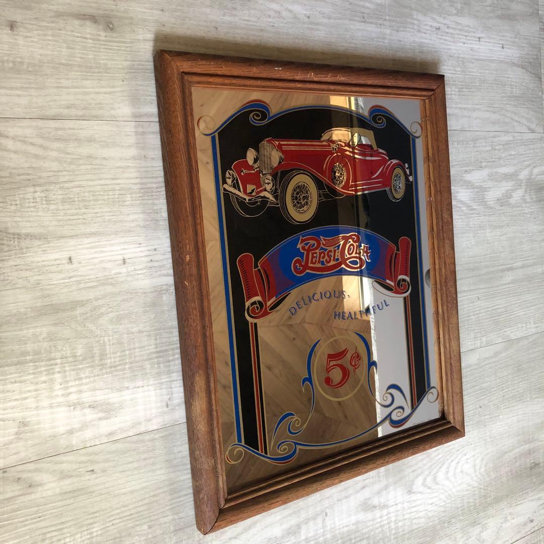アメリカUSAビンテージペプシコーラ木枠フレームパブミラーバーサイン鏡40cm