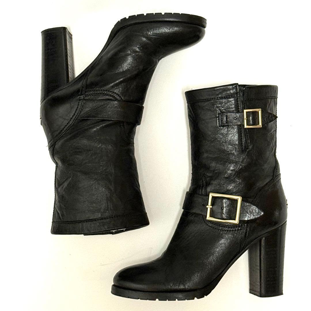 ジミーチュウ エンジニアブーツ サイズ38 1/2 サイドベルト ゴールド金具