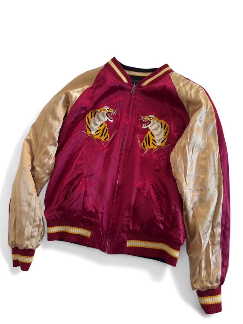 ❗️本日限定値下げ❗️虎と鷹刺繍 赤金 スカジャン 100%シルク リバーシブル