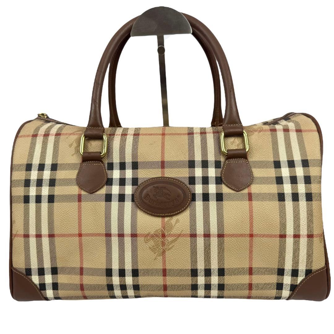 【外観美品】バーバリー ホースロゴ PVC ミニボストンバッグ ノバチェック