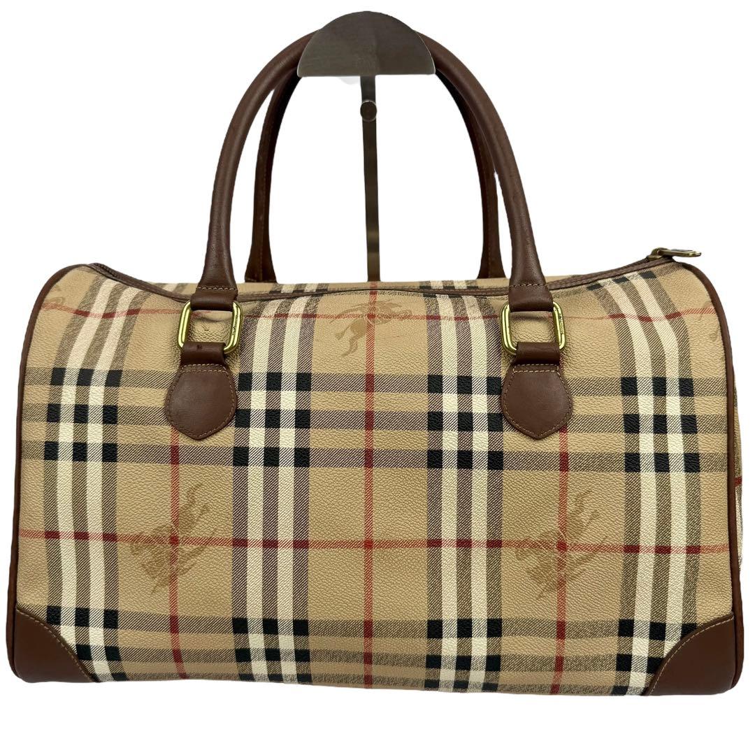 【外観美品】バーバリー ホースロゴ PVC ミニボストンバッグ ノバチェック