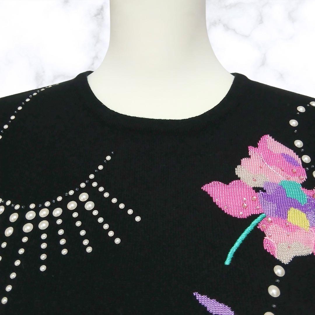 【美品】LEONARD レオナール　カシミヤ 刺繍ニット パール装飾 38