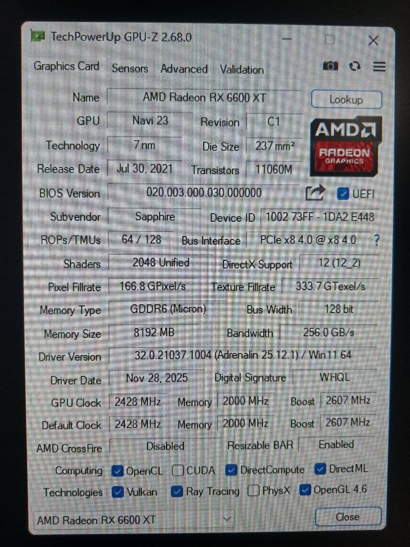 SapphireRadeon RX6600XT 8GB GDDR6 NITRO＋