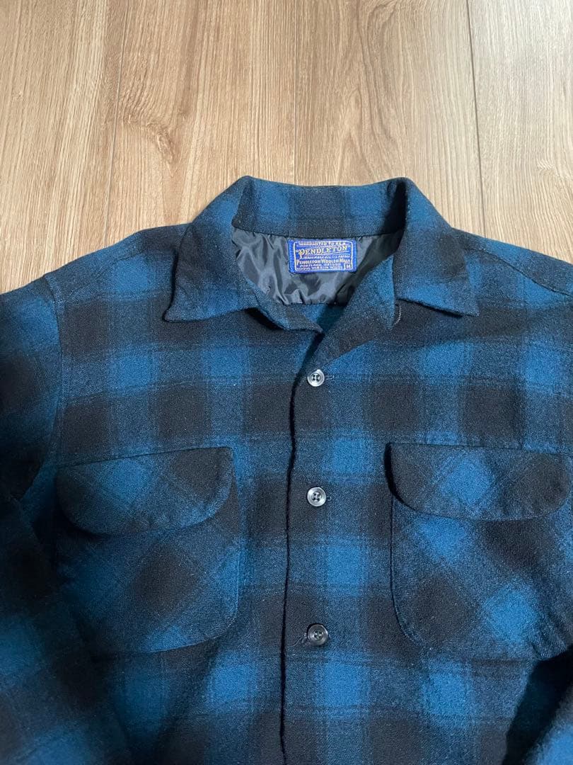 60s Pendleton オンブレチェック ウールシャツMサイズ 青黒