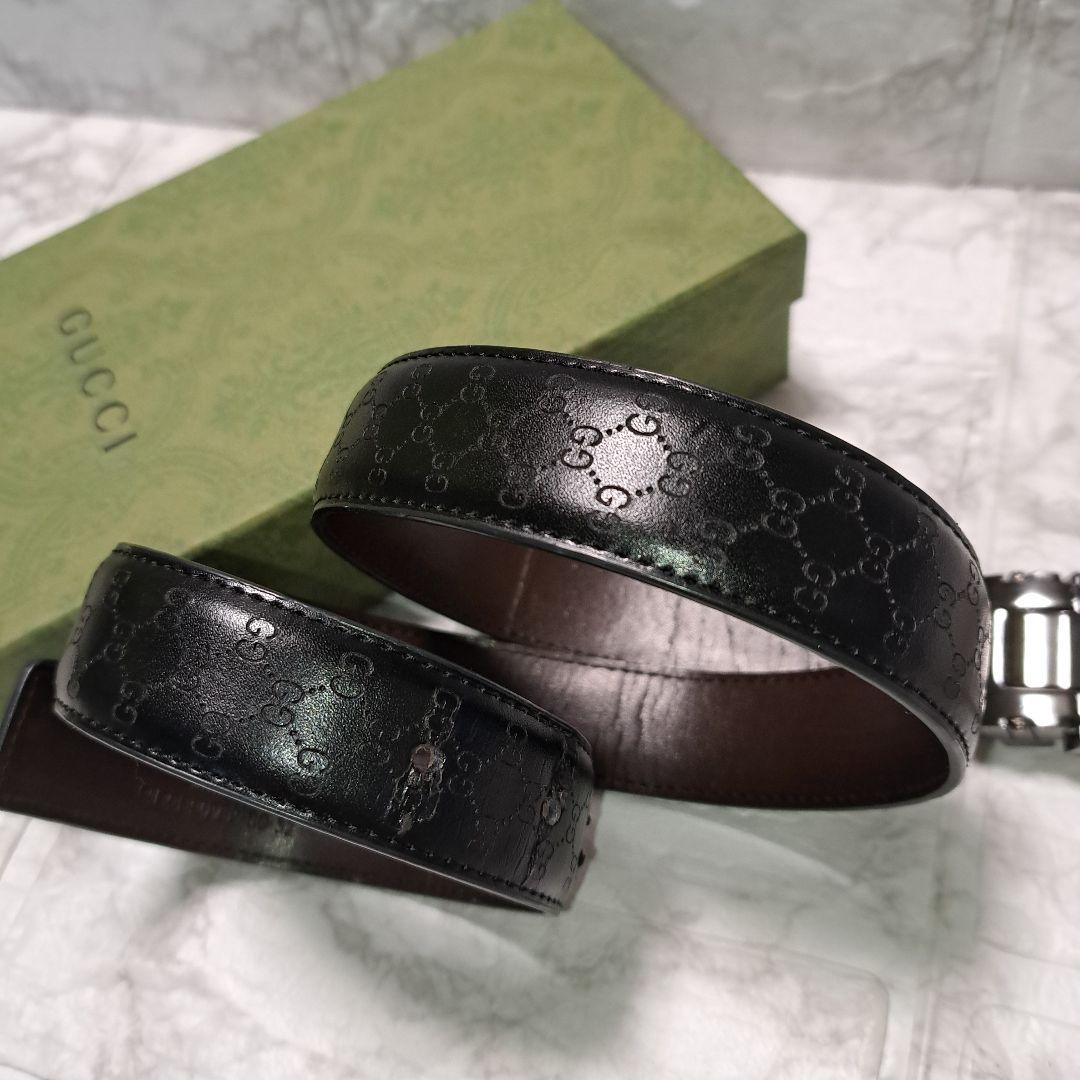 ✨️素敵✨️GUCCI グッチベルト　GG 柄ブラックレザーシルバーバックル