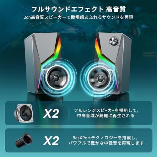 スピーカー PC ゲーミングスピーカー 有線 RGBライト付き 3.5mmケーm