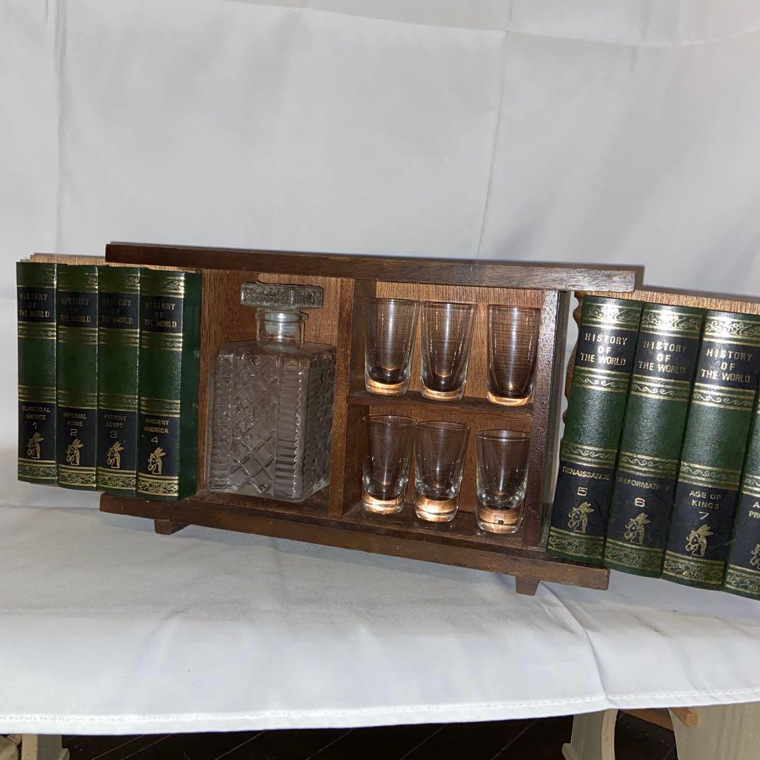 アンティークウッドラックセット デカンタとグラス付き