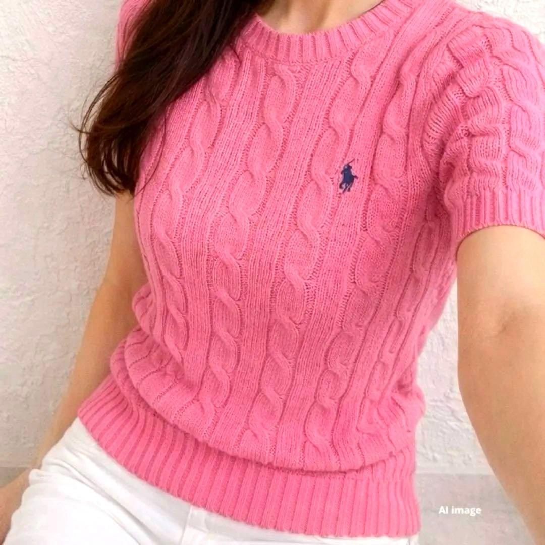 極美品✨ポロ ラルフローレン ピマコットン 半袖ケーブルニット ピンク XS