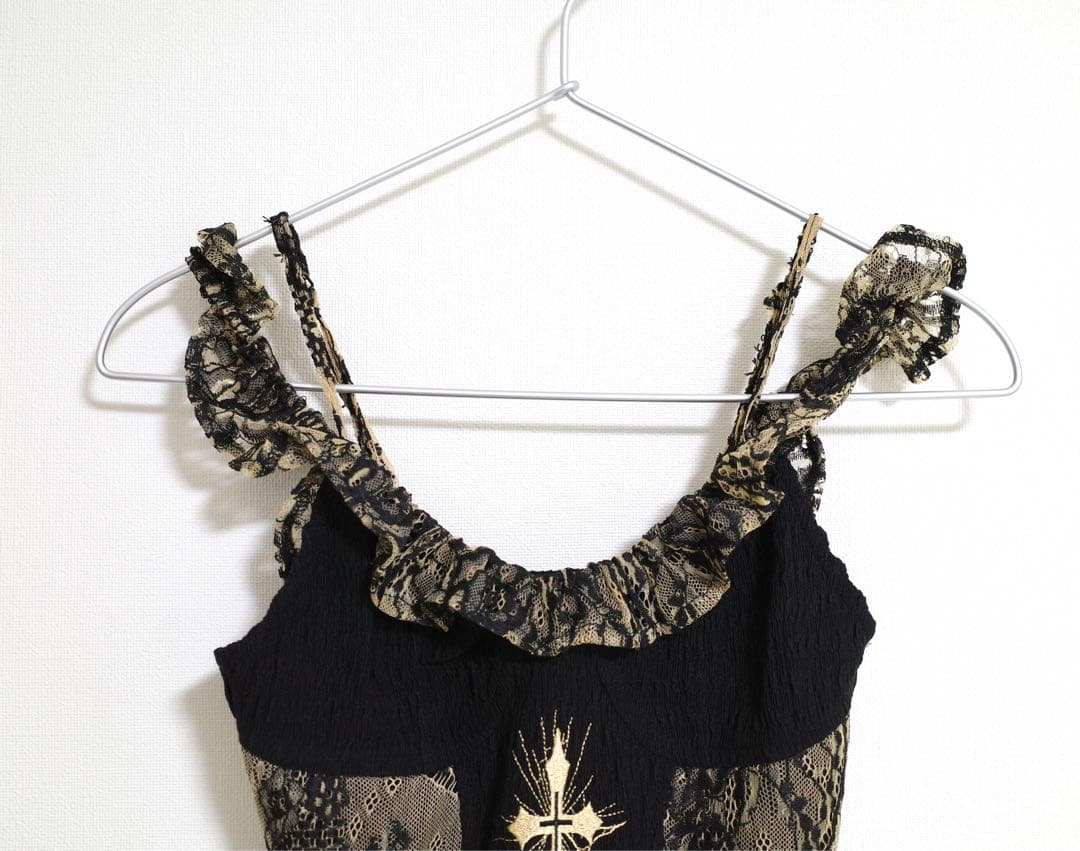 ブラック ブラウン キャミソール レース 2way 刺繍 クロス