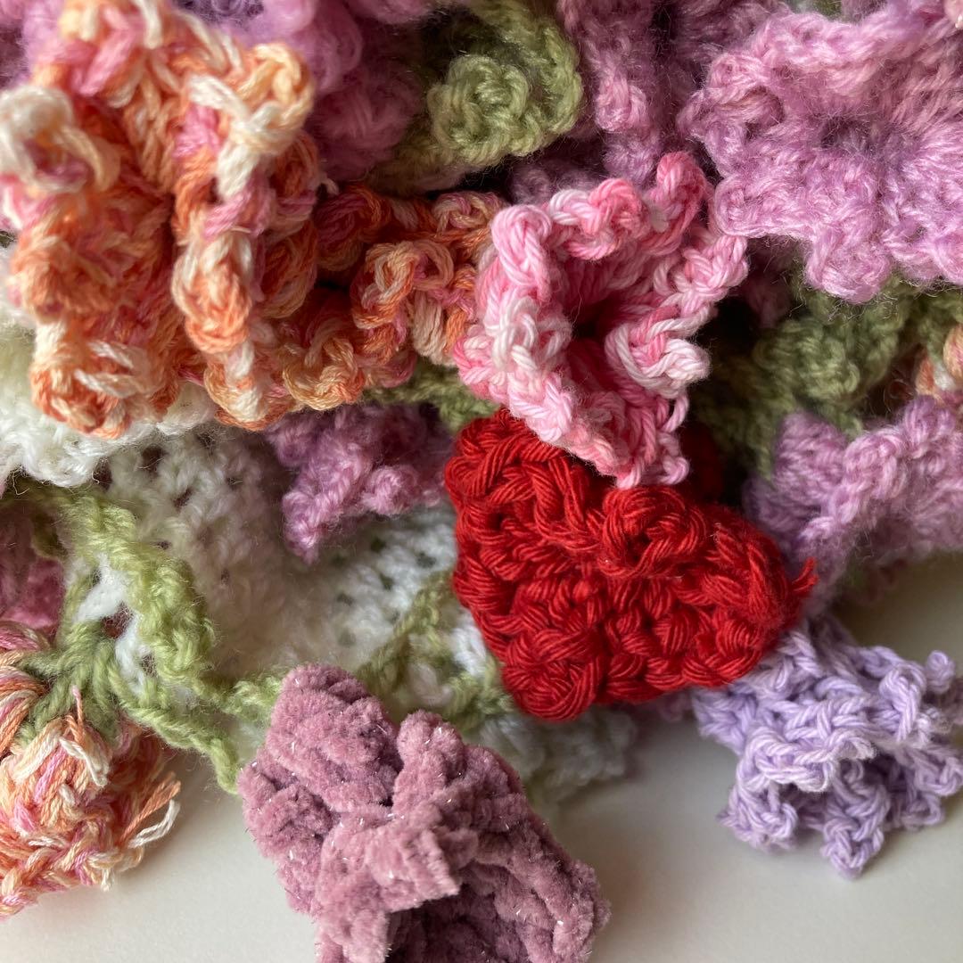 花束ブランケット　ブーケブランケット　ピンク　毛糸編み物　推し活　結婚式プレ花嫁