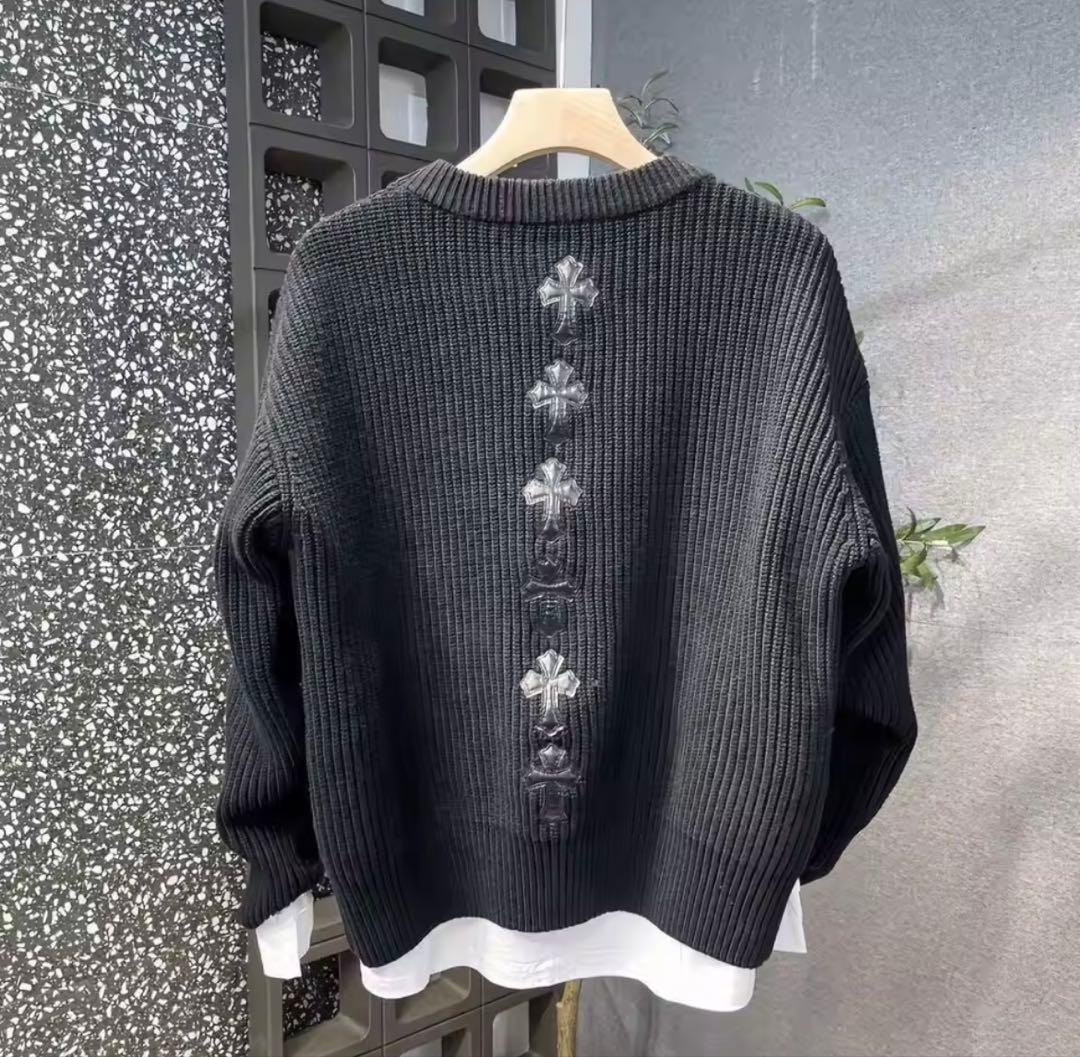 Chrome Hearts レザーパッチ ニット 黒 オーバーサイズ 男女兼用