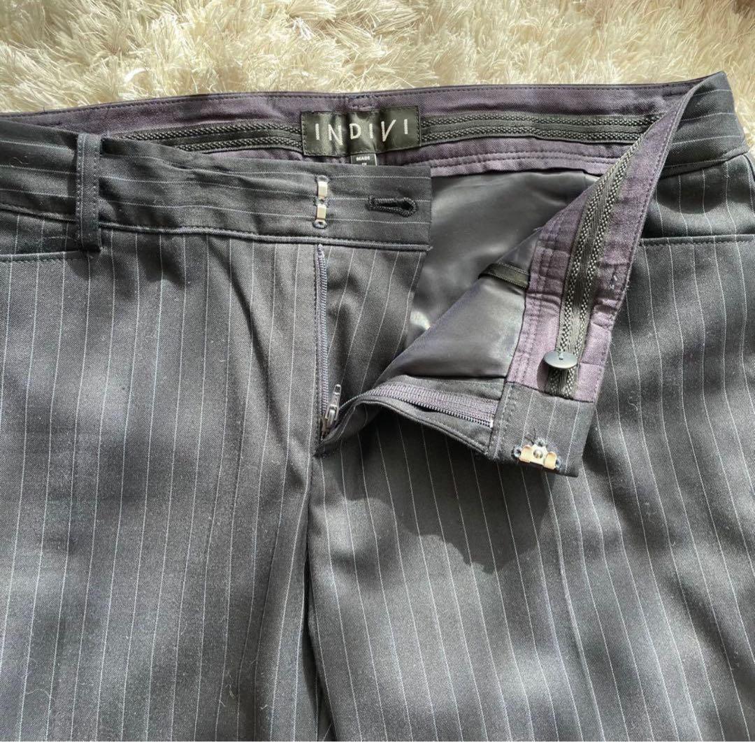 タイムセール‼️【ブラウス付き！】INDIVI ネイビー ストライプ パンツスーツ