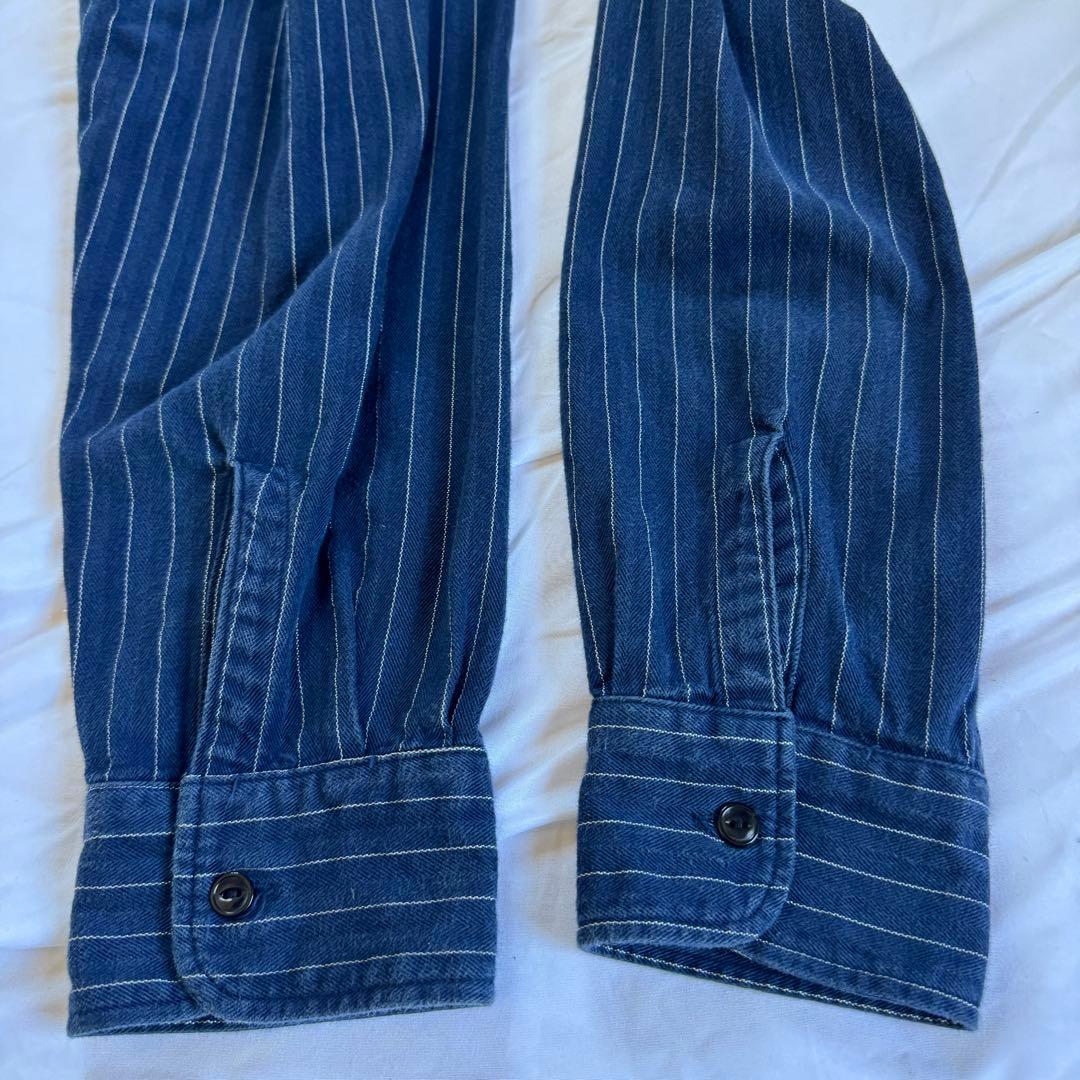 テンダーロイン　スタンドカラー　ワークシャツ　長袖　ストライプ　L ワッペン