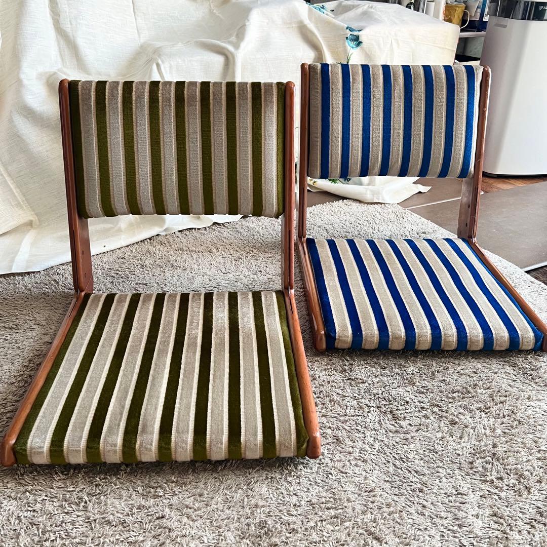 再度お値下げしました！ストライプデザイン折りたたみ座椅子2脚セット　昭和レトロ