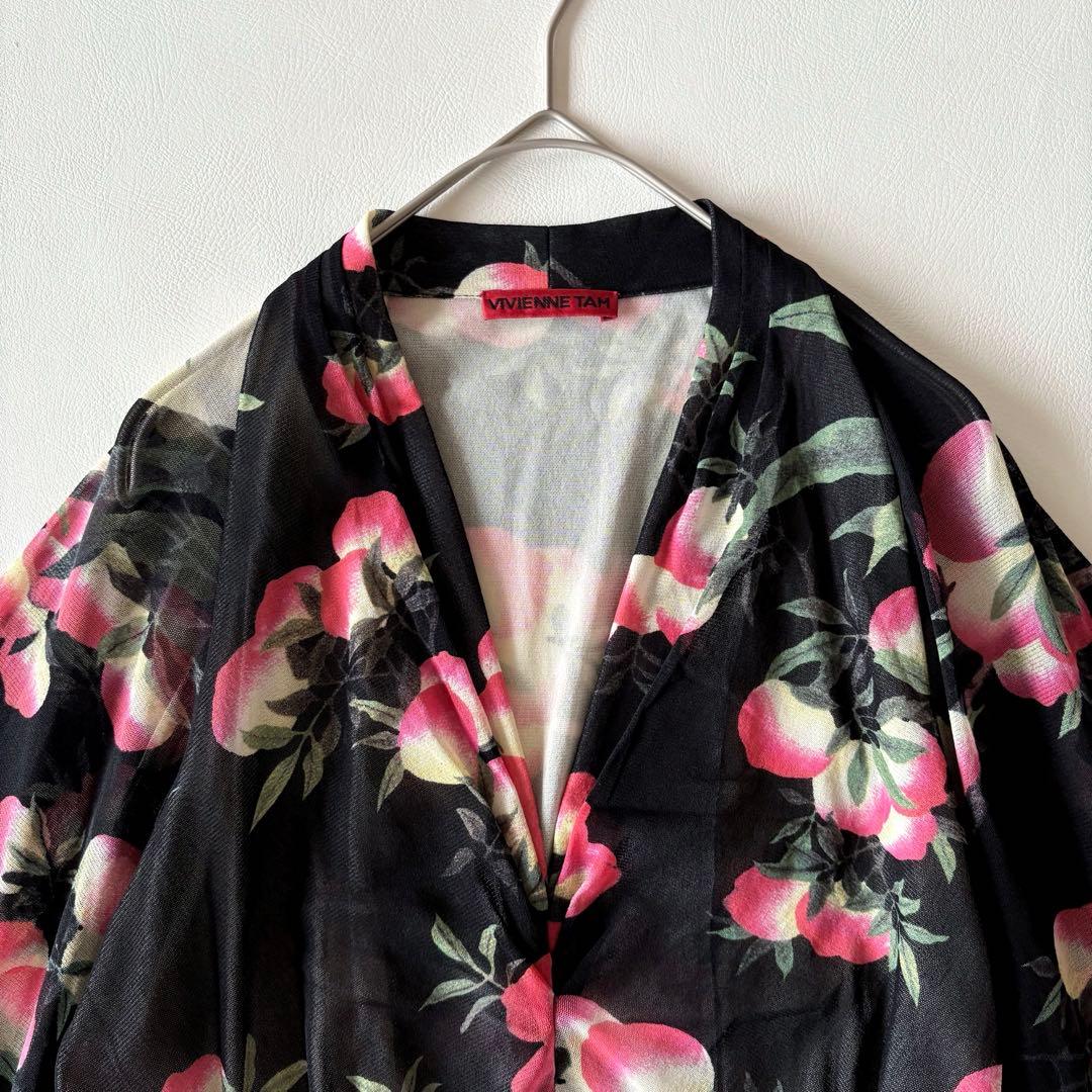 ■美品ヴィヴィアンタムパワーネットＶネック花柄ワンピース着物風ワイドスリーブ