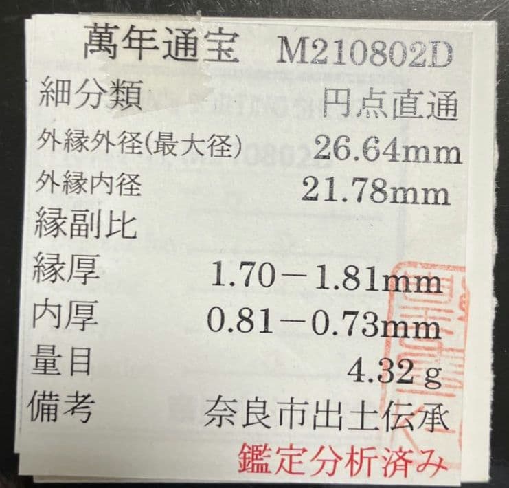 皇朝銭　万年通宝 　鑑定所見書付き