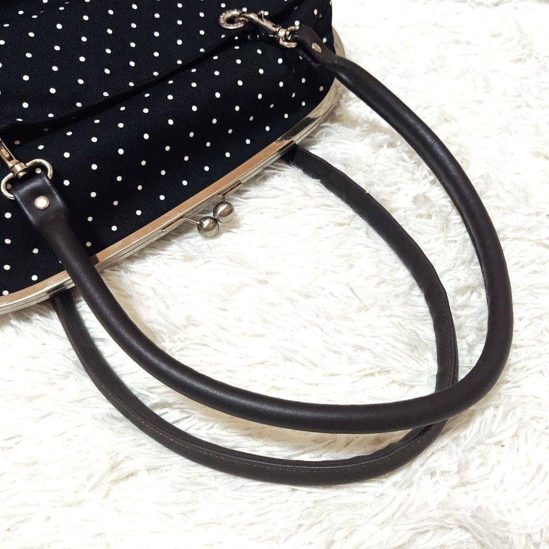 希少 美品　あやの小路 がま口ビックボストントートバッグ　ドット　黒　特大