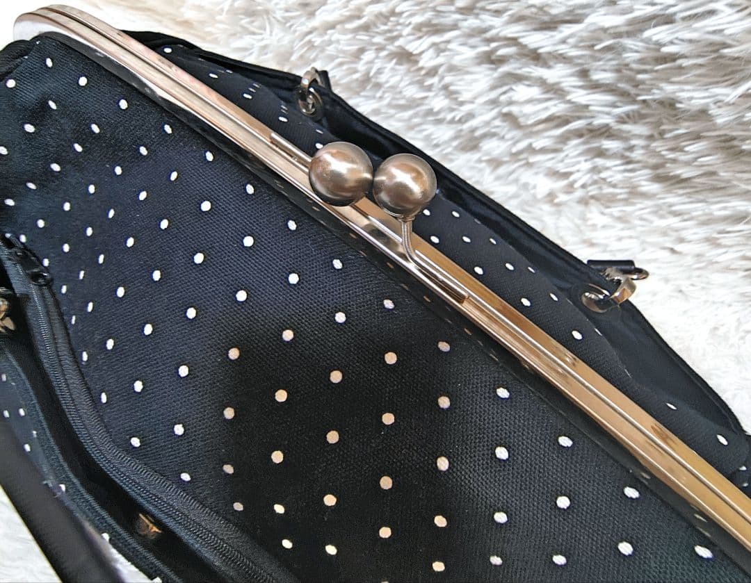 希少 美品　あやの小路 がま口ビックボストントートバッグ　ドット　黒　特大