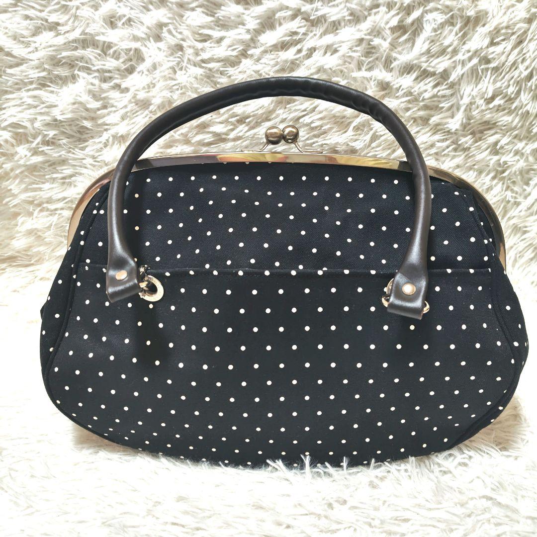 希少 美品　あやの小路 がま口ビックボストントートバッグ　ドット　黒　特大