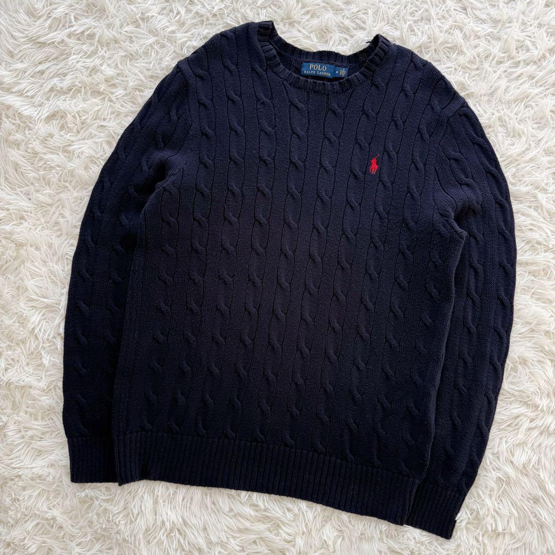 POLO RALPH LAURENケーブルニットセーター ネイビー 刺繍ロゴ M