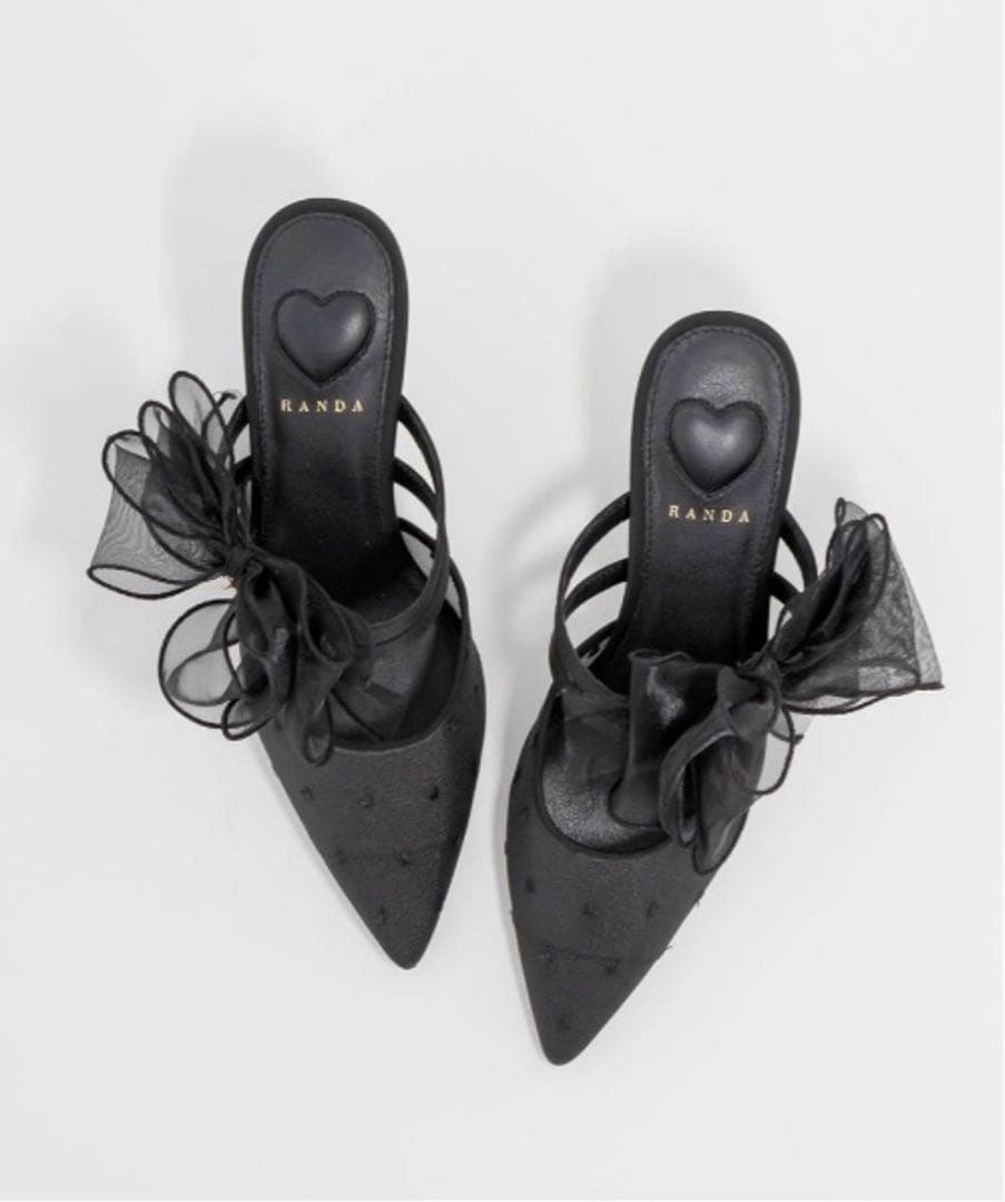 【RANDA】シフォンリボンハートミュールパンプス ブラック Mサイズ