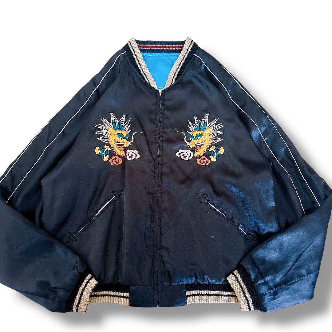 テーラー東洋 スカジャン リバーシブル XLサイズ ブラック スカイブルー 刺繍