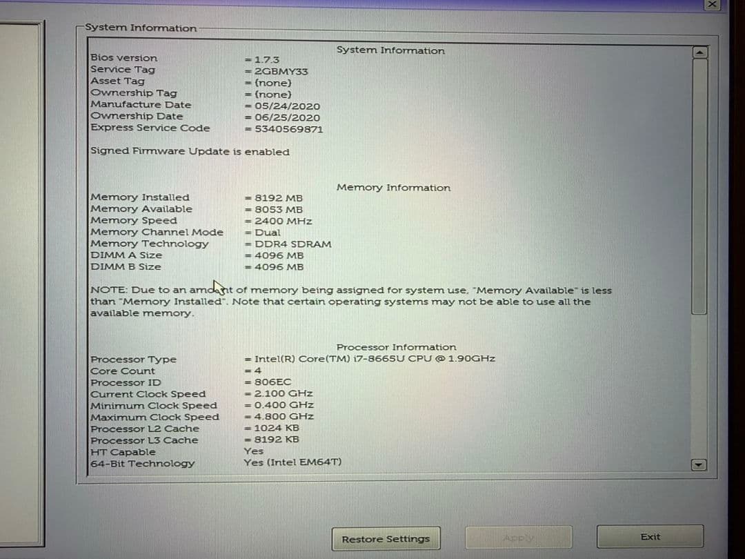 DELL ノートPC i7 8665U 8GB SSD256GB OSなし