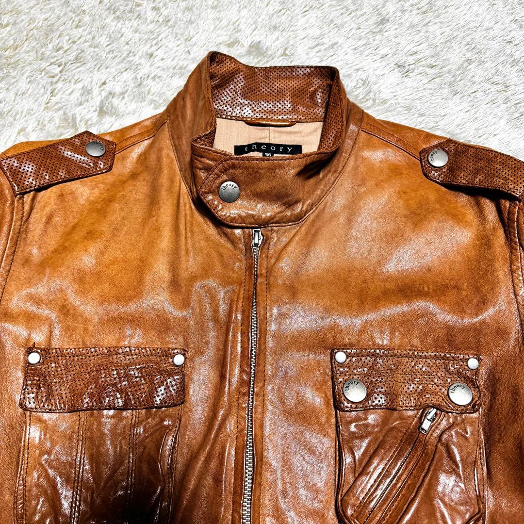 セオリー　レザージャケット　シングルライダース　パンチング　ダブルジップ　M相当