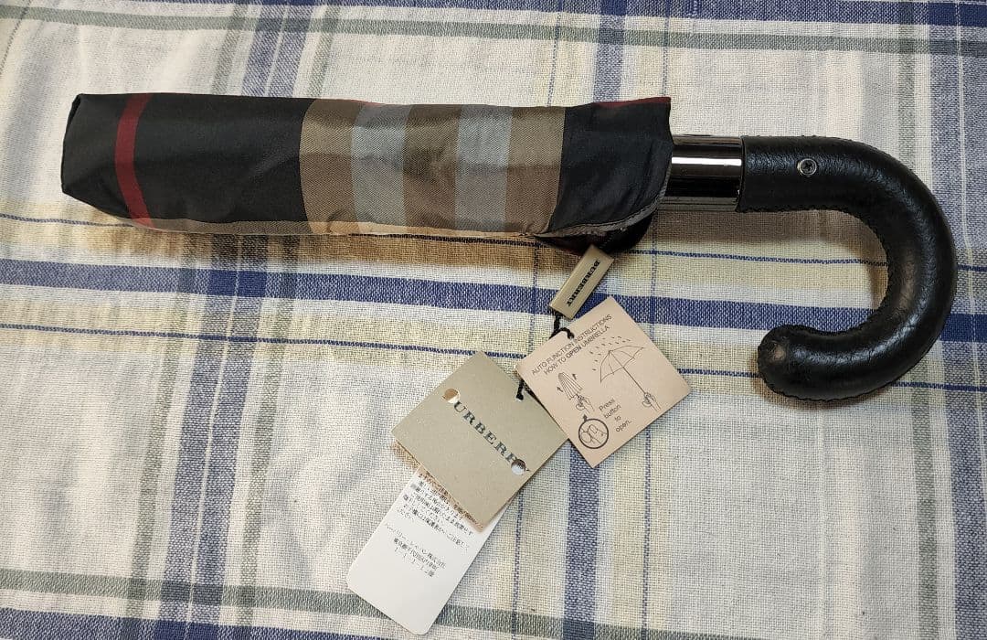 【タグ付き新品】BURBERRY 折り畳み式ジャンプ傘 レザーハンドル