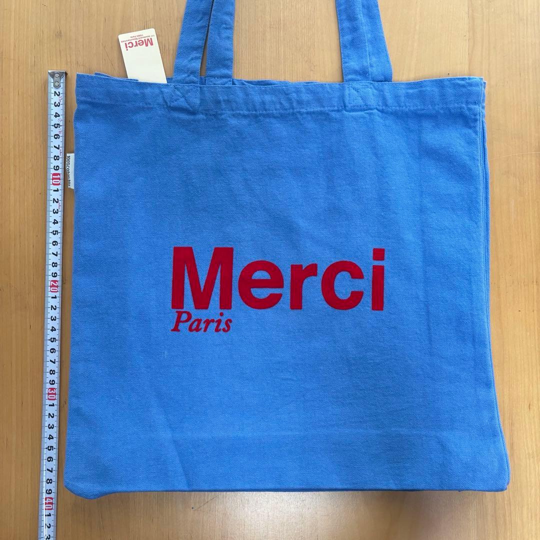 【新品】Merci ロゴ入りトートバッグ 青　メルシー　フランス　パリ　マレ地区