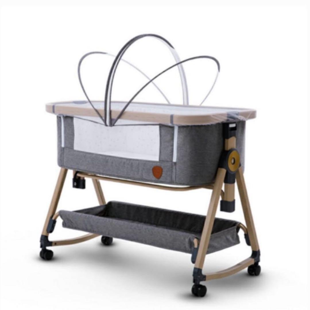 ベビーベッド 高さ調整可能 折り畳み 収納袋付きHZDMJ ライトグレー