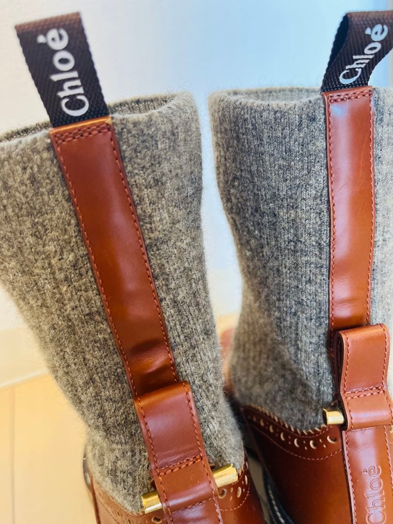 1/25まで【Chloé】クロエブロックヒールレザー&ウールブーツ サイズ38