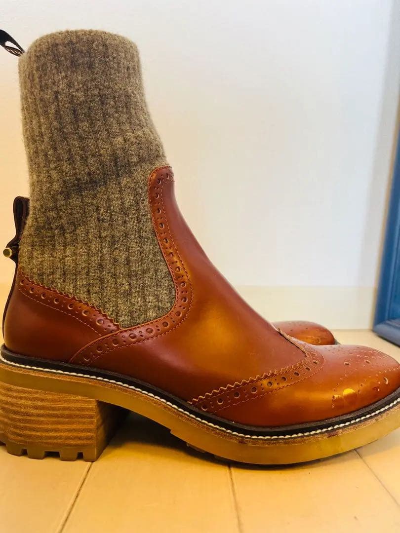 1/25まで【Chloé】クロエブロックヒールレザー&ウールブーツ サイズ38