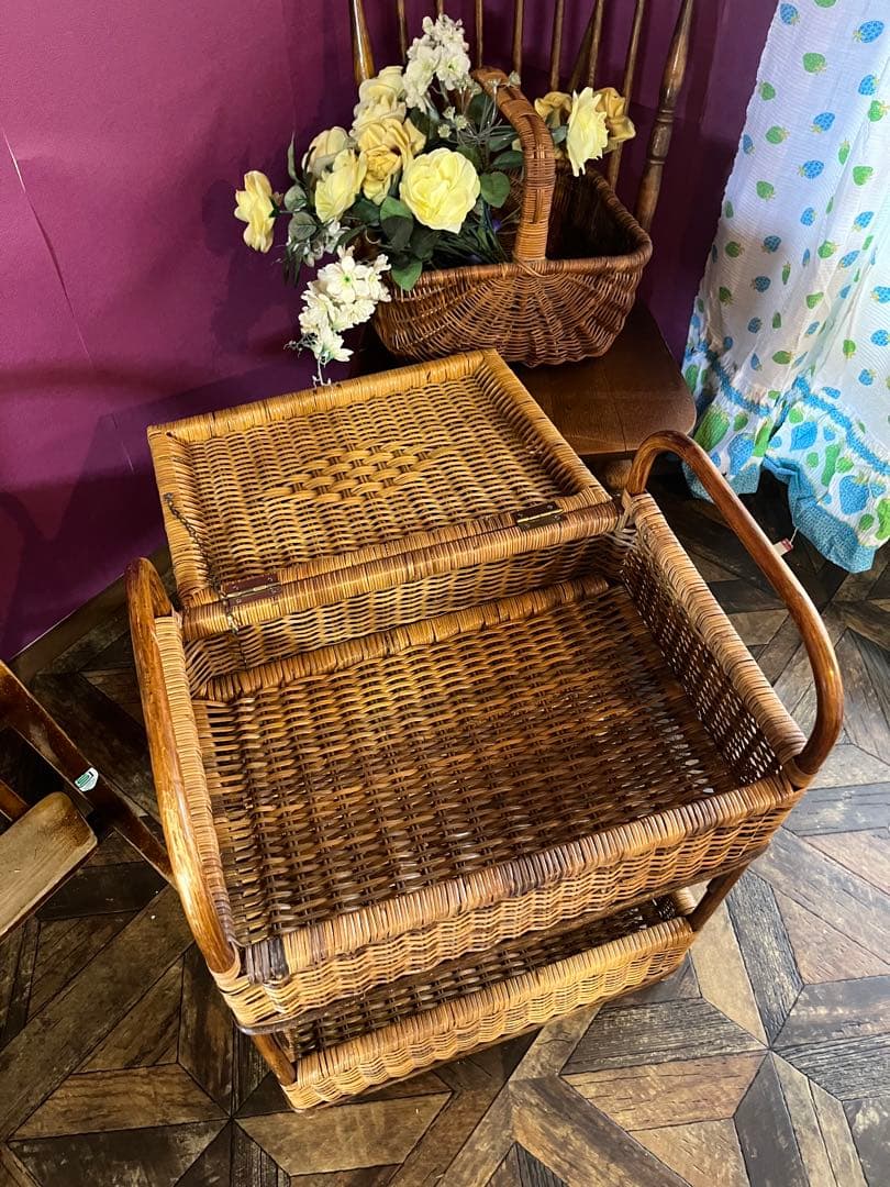 ラタン 籐 2段 ランドリーバスケット 収納かご インテリア 昭和レトロ