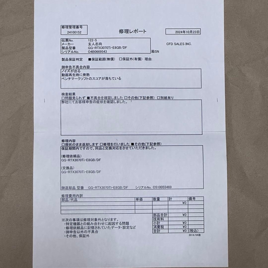 玄人志向　GG-RTX3070Ti-E8GB/DF 保証修理交換品　交換後未使用