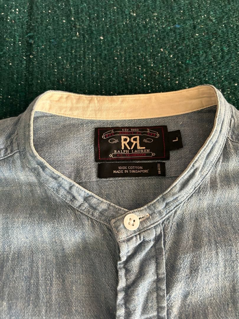 RRLシャンブレーシャツ　ノーカラーシャツ　マチ付　Ｌ　ラルフローレン